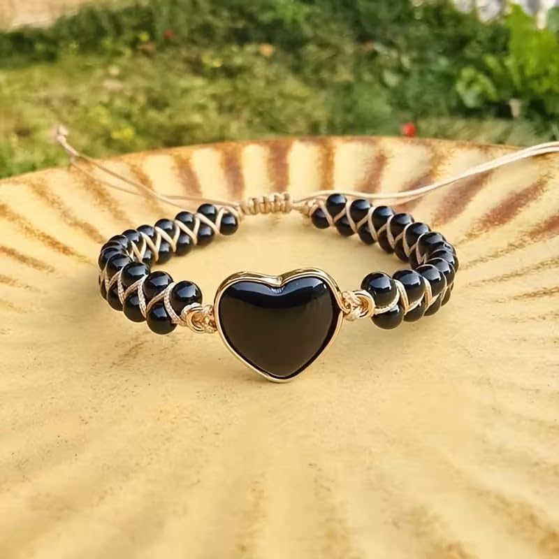 Women Boho Wrap Bracelet,Handmade Natural Stone Crystal Emperor Beads Heart Bracelet, Fashion Bohemian Jewelry Gift for Women - color: Black