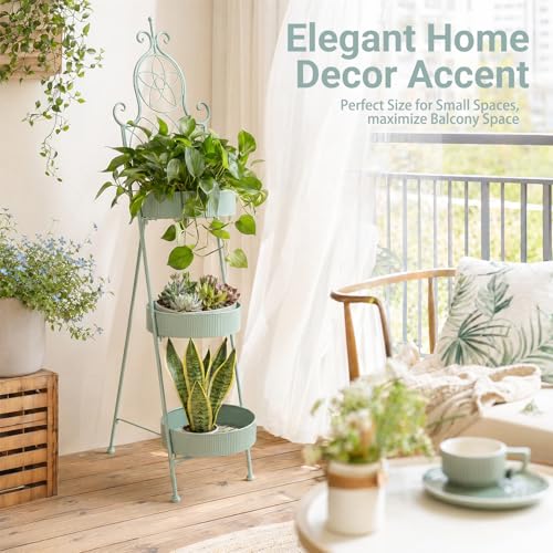 Metal Ladder Plant Stand 3-Tier for Coner, Decorative Freestanding Flower Pot Holder Rack for Indoor Outdoor, Rustproof Planter Holder for Balcony Patio Living Room, Green