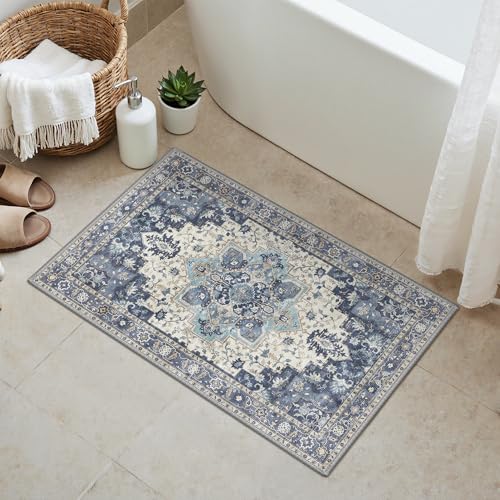 GENIMO Area Rug 2x3 Doormat, Machine Washable Low Pile Rugs, Small Retro Entryway Mat for Entrance, Hallway, Kitchen and Corridor, Center Blue - color: Area Center Blue, size: 2' x 3' (Rectangular)