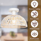 Rattan Ceiling Light Fixtures 2 Packs-White Rustic Woven Basket Flush Mount Ceiling Light, Handmade Wicker Ceiling Lamp, Rattan Chandelier For Kitchen Island, Hallway, Living Room, Bedroom, E26 Base - color: White