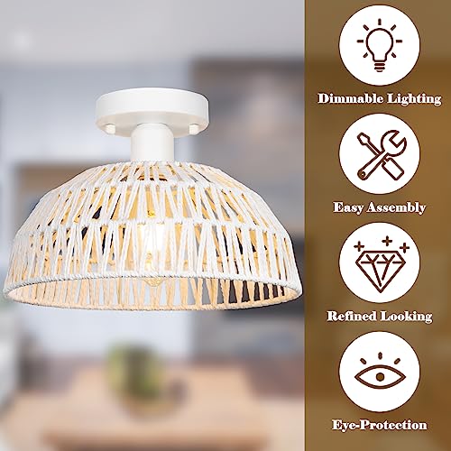 Rattan Ceiling Light Fixtures 2 Packs-White Rustic Woven Basket Flush Mount Ceiling Light, Handmade Wicker Ceiling Lamp, Rattan Chandelier For Kitchen Island, Hallway, Living Room, Bedroom, E26 Base - color: White