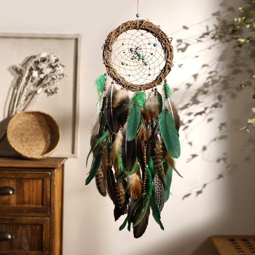 Dream Catcher Native American Boho Dreamcatcher Rattan Wall Decor, Handmade Natural Peacock Feathers Green Colorful Beaded Hanging Oranment Indian Decor for Girls Bedroom (Green Peacock Feather) - color: Green Peacock Feathers