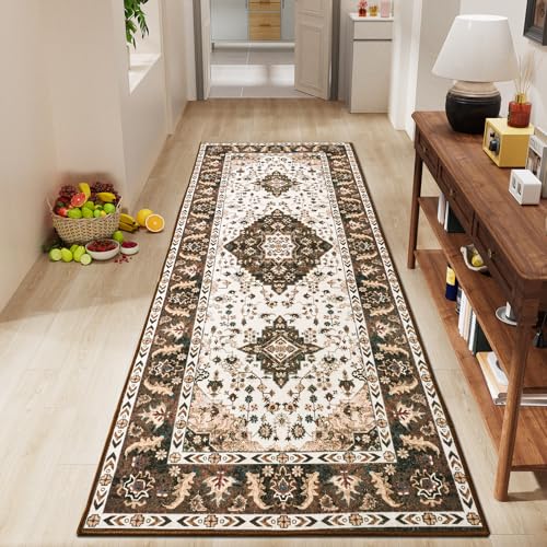 Amearea Vintage Design Runner Rugs for Living Room, 2x6 Machine Washable Floral Collection Traditional Bedroom Rug, Low Pile Cute Kids Room Print Carpet, No Slip Office Kitchen Home Decor, Brown - color: Brown, size: 2' X 6' (Runner)