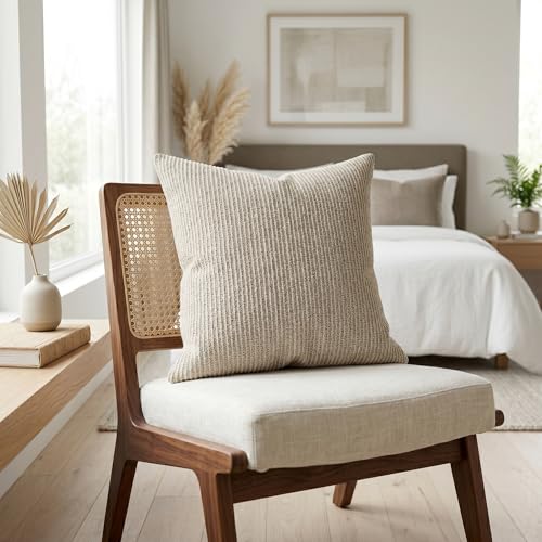 SanVia Cotton Throw Pillow Covers 20x20 – Handwoven Jacquard Texture, Fade-Resistant, No Pilling – Hidden Zipper, Decorative Cushion Cover for Sofa, Couch, Bed – Insert Not Included (Striped, Beige) - color: Oat Beige, size: 20" x 20"