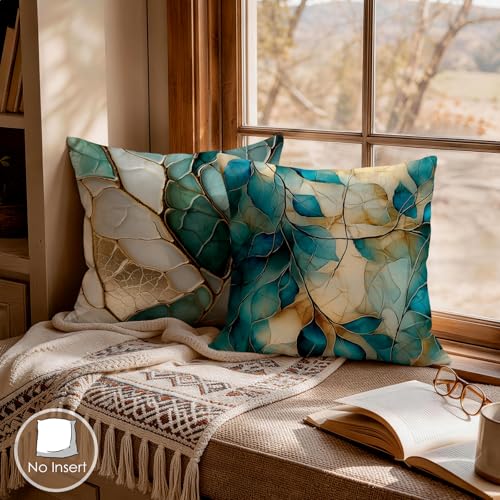 OBSEDE Teal and Gold Leaf Decorative Throw Pillow Covers 18x18 Set of 4, Modern Abstract Botanical Pillow Cases for Sofa Living Room Decor - color: Teal Abstract Foliage Art, size: 18" x 18" (Pack of 4)