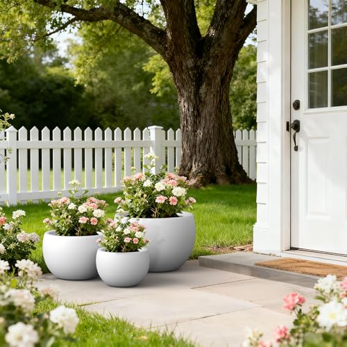 Kante 19.9",15.7",11.8" Dia Round Concrete Planter Set of 3, Outdoor/Indoor Large Bowl Plant Pots with Drainage Hole and Rubber Plug for Garden Patio Balcony Home, Pure White - color: Pure White, size: 19.9"D + 15.7"D + 11.8"D