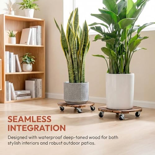 ZXZYHFTY Round Original Wooden Plant Stand with Wheels, 2 Packs Rolling Plant Stand with 360°Lockable Wheels for Vertical Garden Towers, Vertical Planting Tanks, Plant Pots, Wastebaskets (12") - color: Brown, size: 12"
