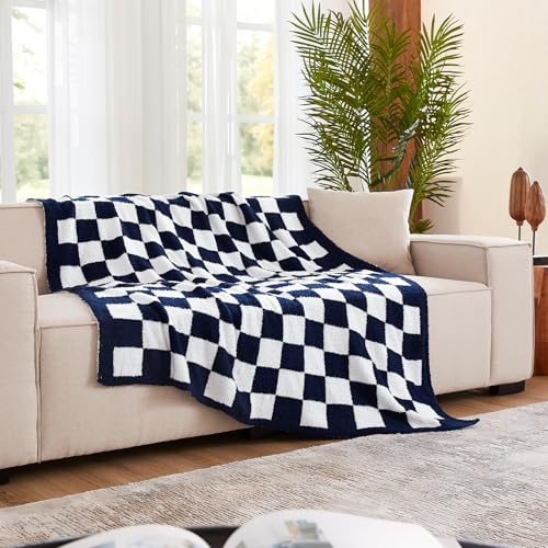 Checkered Throw Blanket, Dark Blue Soft Cozy Fluffy Knitted Throw Blankets for Couch, Sofa, Bed, Chair, Warm Fuzzy Travel Picnic Lightweight Plaid Blanket, 50x70 inches - color: Dark Blue, size: 50×70 Inch