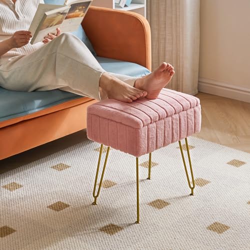 IBUYKE Stool Chair with Storage Space, Footrest Footstool Ottoman, Small Side Table, with 4 Metal Legs, with Anti-Slip Feet, for Makeup Room, Bedroom, Faux Fur, Pink LG-50P - color: Pink, size: 15.8"D x 11.8"W x 18.9"H