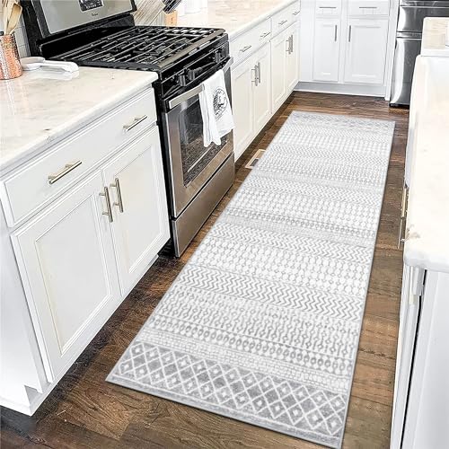 Hallway Runner Rug 2x6, Ultra Soft Ivory Gray Moroccan Distressed Kitchen Runner Rug with Rubber Backing, Washable Low-Pile Boho Runner Rugs for Bedroom Bathroom Laundry Room - color: Ivory / Gray, size: 2' x 6' (Runner)