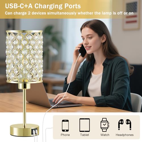 GyroVu Crystal Table Lamps Set of 2, Gold Touch Lamp for Nightstand with USB C+A Ports, Dimmable Small Bedside Lamp with Crystal Shade, End Table Desk Lamps for Bedroom, Living Room(Buld Included) - color: Gold-2, size: 14.75"
