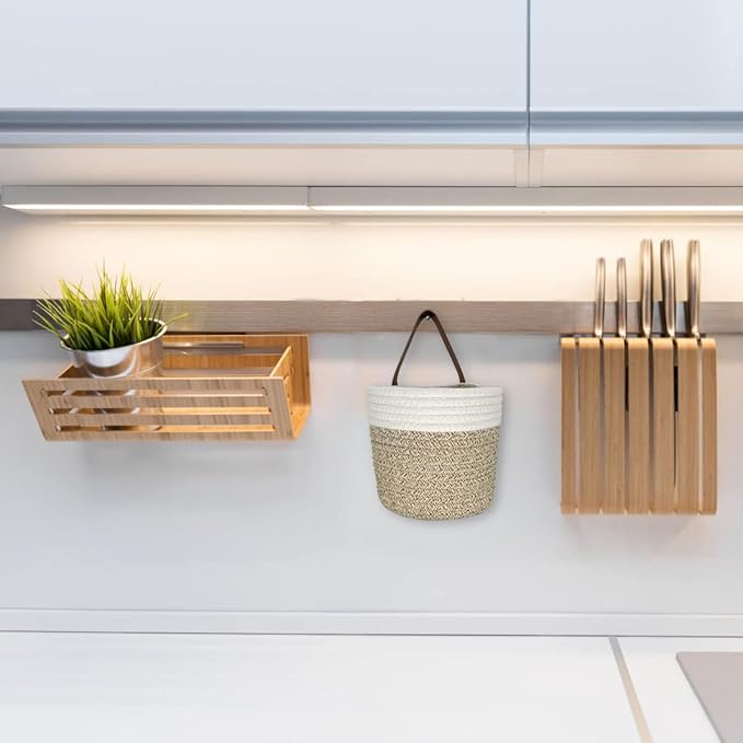 Cotton Rope Hanging Baskets for Organizing 2 Pcs Round Small Wall Basket with Handles Woven Organizer Storage Basket for Kitchen Bedroom Living Room Office (6”x6”, Light Brown)