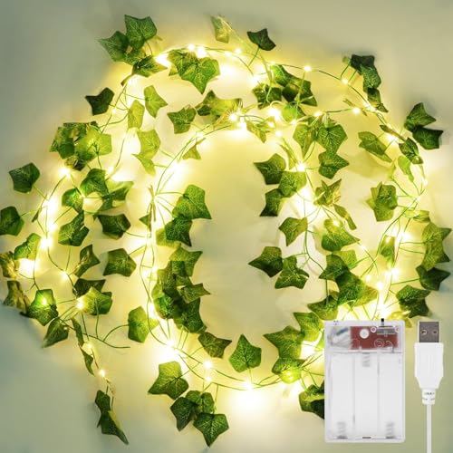 KASZOO 2 Pack 6.56 Ft Vine with Fairy Lights, 80LEDS Battery/USB Operated, Vine String Lights, Ivy Garlands with Fairy Lights for Bedroom Party Wall Room Hanging Decor - color: IVY-USB/Battery Powered-80 LED-Copper Wire