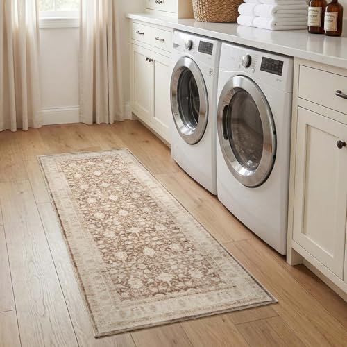 jinchan 2x5 Washable Vintage Runner Rug, Distressed Traditional Floral Hallway Runner, Soft Low-Pile Non-Slip Floor Mat for High-Traffic Kitchen Entryway Laundry Room Bathroom Vanity, Taupe - color: Oriental Taupe, size: 2' x 5' (Runner)