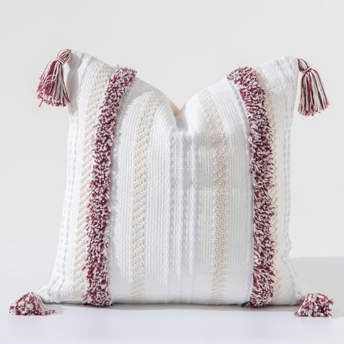 Set of 2 Boho Woven Decorative Throw Pillow Cover with Tassels 20"x20" Burgundy - color: Burgundy, size: 20" x 20" (Pack of 2)