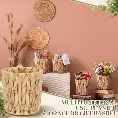 Set of 4 Water Hyacinth Planter Basket Boho Rattan Handwoven Storage Baskets Cottage Rustic Farmhouse Woven Rustic Wicker Sundries Baskets Artificial Flower Pots for Organizing Indoor Decor