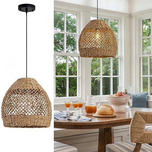Boho Rattan Pendant Lights 13.8IN Farmhouse Dining Room Light Fixtures Hand-Woven Seagrass Chandelier Coastal Wicker Hanging Lighting for Kitchen Island Entry Living Room Bedroom Foyer Restaurant - color: Coffee-C