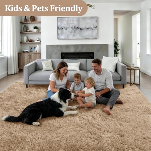 Fluffy Area Rugs 9x12 Living Room Bedroom: Ultra Soft Shag Rug Upgrade Non-Slip Non-Shedding Large Fuzzy Plush Carpet Indoor Floor Carpets for Kids Room Playroom Nursery Dorms Home Decor Beige - color: Beige, size: 9' x 12' (Rectangular)