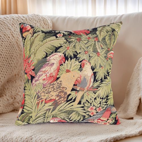 18x18 Tapestry Pillow Cover, Jacquard Woven Tropical Parrot Bird Jungle Botanical Palm Leaf Decorative Throw Pillow Sham for Couch Sofa, Exotic Vintage Cushion Case (Jungle Green & Parrot Crimson) - color: Exotic Jungle Green & Parrot Crimson