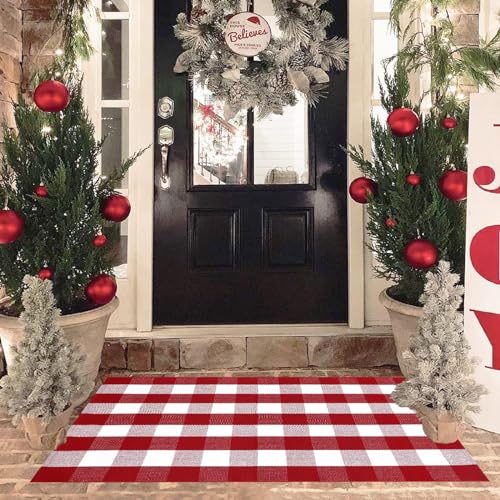 Christmas Red and White Plaid Rug, 3' x 5' Cotton Hand-Woven Layered Door Mat for Front Porch, Entryway, Outdoor Holiday Decor, Washable Buffalo Check Rug for Home, Patio, Kitchen - color: Red & White Plaid, size: 3' x 5' (Rectangular)