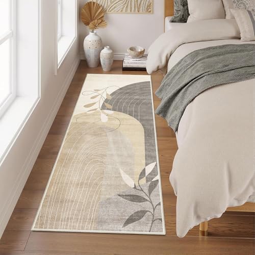 MUJOO Washable 2x6 Runner Rugs for Kitchen Hallway Bedside Bathroom Laundry Room Bedroom,Boho Long Area Rug Non Slip Carpet Throw Rug Mid Century Modern Abstract Botanical Geometric Neutral Beige - color: Beige（modern）, size: 2' x 6' (Rectangular)