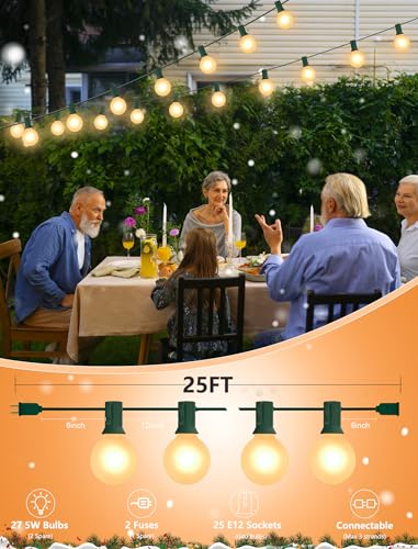 SUNSGNE G40 Round Christmas Lights Outdoor, 25ft Vintage Christmas Globe Lights with 27 5W Frosted White Lights(2 Spare) for Outdoor Garden Party Wedding Backyard Patio Decor, Green Wire - color: Frosted White-Green, size: 25 Ft