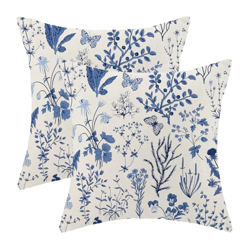 AEIOAE Summer Pillow Covers 16x16 Inch Set of 2,Navy Blue Wild Flower Plant Throw Pillows Case,Seasonal Floral Outdoor Decorative Square Linen Farmhouse Decor Cushion Covers for Home Couch Sofa Bed - color: Navy Blue Wild Floral, size: 16" x 16" (Pack of