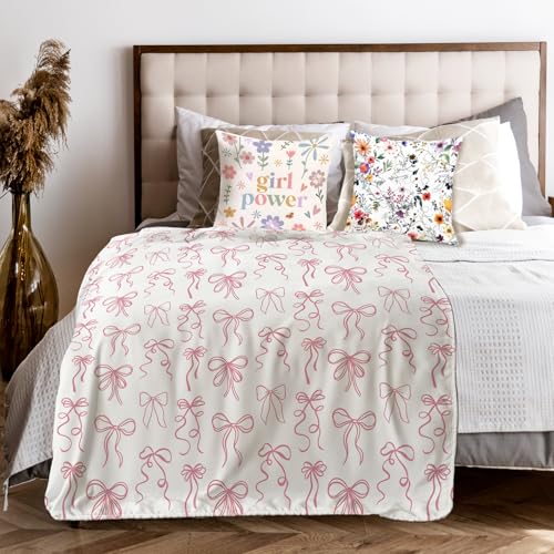 Pink Bow Throw Blanket for Couch, Girly Room Decor Aesthetic, Coquette Pink Ribbon Bow Throw Blanket for Girls Bedroom Dorm Living Room Home Decoration, 50x60 Inches - color: Color_b