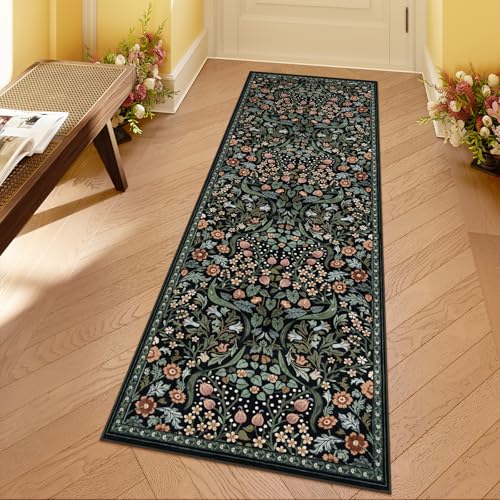 Moynesa Floral Kitchen Runner Rug, 2x6 Runners for Hallways 6ft Non Slip Washable Soft Rug Runners, Boho Botanical Ultra Thin Stain Resistant Carpet Runner for Bathroom Entryway, Black - color: Black, size: 2' x 6' (Runner)