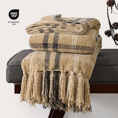 EverGrace Plaid Chenille Throw Blanket for Couch, Super Soft Cozy Decorative Farmhouse Plaid Throw with Tassels, Lightweight Chenille Knit Throw for Bed Sofa Gift Home Decor, Khaki Grey 50”x60” - color: Plaid Khaki & Grey, size: 50"x60"