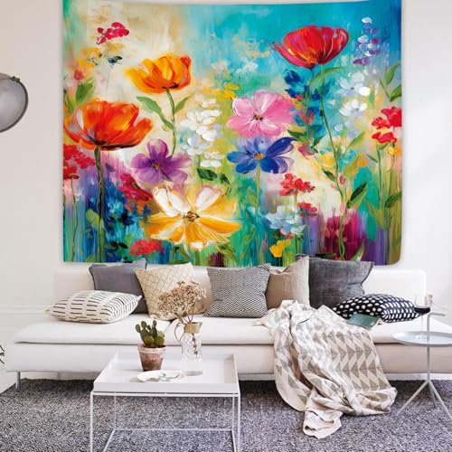 Colorful Flower Tapestry 59W by 51H Inch Wall Hanging Oil Painting Abstract Plant Wildflower Art Bedroom Living Room Dorm Polyester Fabric Home Decor - color: Colorful Flower Art, size: 59"L x 51"W