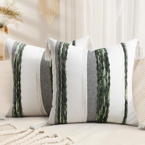 decorUhome Christmas Boho Decorative Throw Pillow Covers 18x18 Set of 2, Striped Chenille Tufted Pillow Covers with Tassels for Couch Bed Sofa, Cream White and Green - color: Cream White and Green