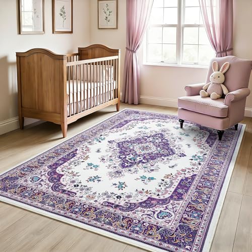 HOMORE Area Rug 3x5 Purple Rugs for Bedroom Living Room, Non Slip Washable Throw Rug for Kitchen Ultra Thin Low Pile Vintage Rugs for Entryway Floral Rug for Dinning Room Office - color: Purple, size: 3' x 5' (Rectangular)