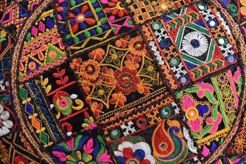 Indian Pouf Footstool Ethnic Embroidered Pouf Cover, India Cotton Round Pouffe Ottoman Pouf Cover Pillow Ethnic Decor Art-Cover Only-Indian Ottoman poufs - color: Black Rajkoti, size: 18"D x 18"W x 14"H