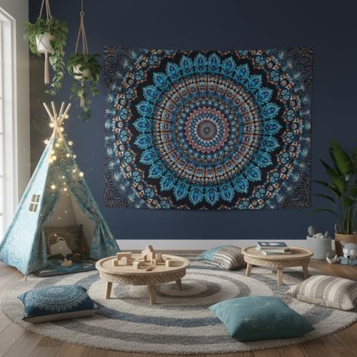 Motanber Blue Mandala Tapestry Wall Hanging Vintage Medallion Tapestry Aesthetic Hippie Boho Floral Cool Cute Small Tapestries for Bedroom Living Room Dorm Decor 48 x 36 Inch - color: Navy Blue, size: 48"L x 36"W