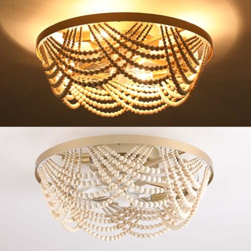 20'' Boho Ceiling Fan with Lights Flush Mount,Bohemia Gold Wood Bead Enclosed Ceiling Fan Light, 4 Lights Low Profile Ceiling Fans with Remote Control for Bedroom Living Room Dining Room Kitchen - color: Gold