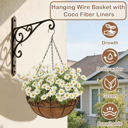 4 Pack 12 inch Metal Hanging Baskets for Plants, Round Metal Wire Hanging Basket Planter with Coco Fiber Liners Chain for Garden Home Porch Patio, Flower Border - size: 12" x 4 Pack, style: Flower Border