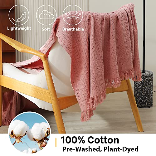 Simple&Opulence 100% Cotton Throw Blanket for Couch, Bed, Waffle Weave Cable Knit Blanket with Tassels, Soft Lightweight Pre-Washed Breathable Cozy Blanket Farmhouse Decoration for All-Season (Pink) - color: Coral Pink