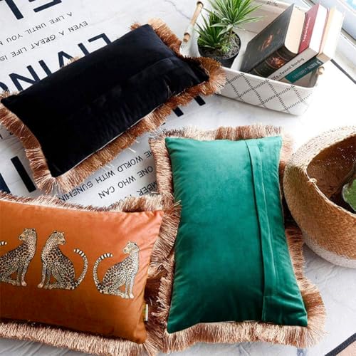 Fall Lumbar Decorative Throw Pillow Cover with Tassels Leopard Pattern Cushion Cover Luxury Style Soft Velvet Pillowcase for Sofa Couch Bedroom (12"x20",Orange) - color: Orange, size: 20" x 12" (Pack of 1)