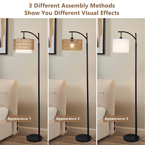 Arc Floor Lamp for Living Room with 3 Color Temperatures, Farmhouse Floor Lamps with Remote & Dimmable Bulb, Boho Standing Lamp with Rattan & Fabric Shades, Adjustable Tall Lamp for Bedroom, Office - style: Rustic