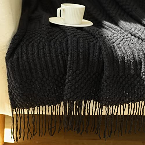 Blagic Knitted Throw Blanket for Couch, Bed and Sofa. Super Soft Blanket with Tassels, Black Throw Blanket, 50 x 60 Inches Lightweight & Cosy Home Decor - color: F-black, size: 50 × 60 in