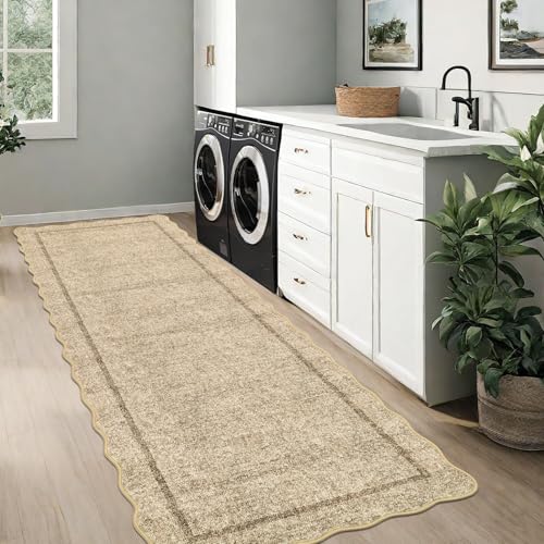 GarveeHome Scalloped Washable Runner Rug 2x8 Runner Modern Non Slip Kitchen Rugs Entryway Rug Farmhouse Soft Bathroom Rugs Stain Resistant Carpet for Hallway Laundry Bedroom 2 ft x8 ft Jute - color: Jute, size: 2' x 8' (Runner)