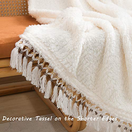 Ultra Soft Cozy Sherpa Throw Blanket, Light Weight Warm Decorative Throw Blanket with Tassel, Solid Antique White Pattern Reversible Boho Style Blanket for Sofa, Couch, Bedroom,Travel, 60”x80” - color: Antique White With Tassel, size: Twin-60'' x 80''