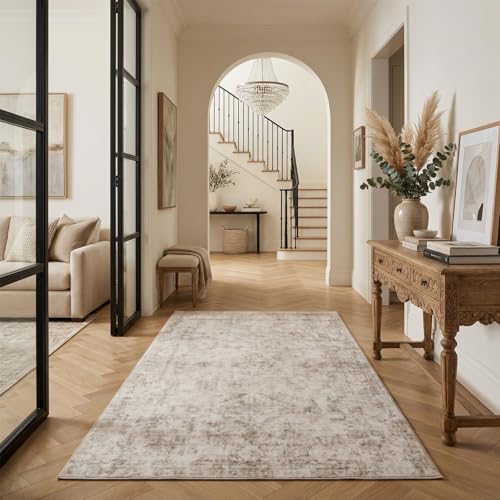 3x5 Area Rugs for Living Room, Machine Washable Rugs, Vintage Non Slip Rug, Faded Style Carpet Stain Resistant, Low Pile Boho Retro Rugs for Bedroom Dining Room Indoor Home Office-Beige 3'x5' - color: Beige, size: 3' x 5' (Rectangular)