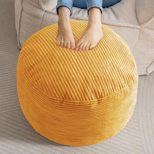 HIGOGOGO Round Stuffed Pouf Ottoman, Corduroy Poufs with Foam Chunk Filling, Furry and Fluffy Pouf Foot Stool Storage Ottoman, 20 X 15 Floor Poufs Foot Rest for Living Room, Orange - color: Orange, size: 20"D x 20"W x 15"H
