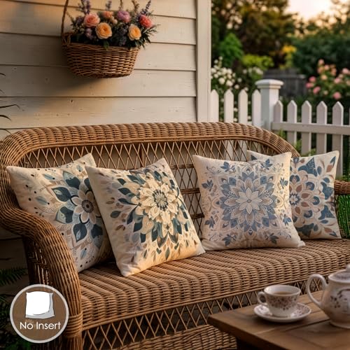 OBSEDE Blue Floral Mandala Decorative Throw Pillow Covers 18x18 Set of 4 Faux Linen Cushion Cases Single-Sided Print Boho Light Blue Accent Pillows for Couch Sofa - color: Blue Floral Mandala