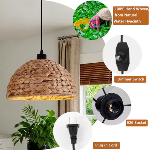 HuisMier Rattan Plug in Pendant Light with 15 Ft Plug in Cord, Hand Woven Lampshade Boho Hanging Lamp with Dimmable Switch, Farmhouse Rattan Pendant Light for Dining Room Bedroom Kitchen - color: Brown Dome