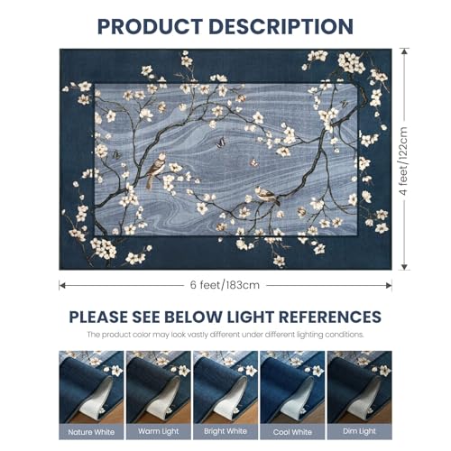 4x6 Area Rug for Living Room, Oriental Floral Birds Washable Rugs for Bedroom, Soft Low Pile Non Slip Carpet for Dining Room Kids Room Nursery Office Home Decor, Blue - color: Blue, size: 4' x 6' (Rectangular)