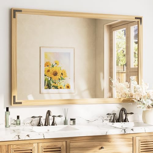 TETOTE 55 x 36 Natural Wooden Mirror for Bathroom Wall/Bedroom/Living Room/Entryway Farmhouse Rustic Bathroom Vanity Mirror Waterproof (Horizontal/Vertical Mounted) - color: Wood, size: 36"L x 55"W
