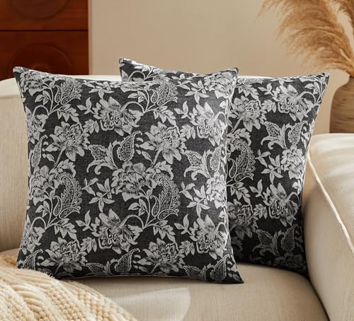Floral Jacquard Throw Pillow Covers Set of 2, Background/Charcoal 20x20 Inch, Farmhouse Decorative Cotton Dark Grey Cushion Covers for Sofa Bed Living Room Home Decor - color: Background/Charcoal, size: 20" x 20" (Pack of 2)